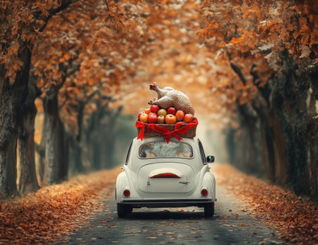 A small white car with the trunk open, carrying a large turkey and some apples on top. A festive red ribbon is tied around its tail. In the autumn, an orange tree-lined road is surrounded by golden leaves in front of you. This photo was taken using a Canon EOS R5 camera with high resolution and ultra-realistic details, showcasing a cinematic texture and stunning realism. --ar 13:10 --v 6.1 Job ID: 5e32b485-c2a3-4543-a1e5-115055925916の素材