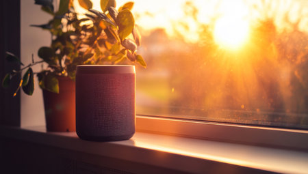 A smart speaker and plant on the windowsill, with sunlight shining through the window in the background. The sun is setting behind it, creating a warm atmosphere. This photo was taken using a Canon EOS R5 camera. --ar 53:30 --v 6.1 Job ID: ee995583-feb0-4640-9d14-514f74e3fd6eの素材