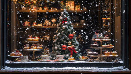 Christmas-themed window display featuring tiny decorations, teacups and pastries, a miniature Christmas tree, and snow falling outside the glass. --ar 53:30 --v 6.1 Job ID: 5ad3bf9f-a475-4518-b341-861618d871c1の素材