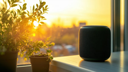 Close-up of a black smart speaker and a green plant on a window sill, with a sunrise in the background. --ar 53:30 --v 6.1 Job ID: 9f7d940c-e3bc-4e2e-b5ef-9afe28f999c8の素材