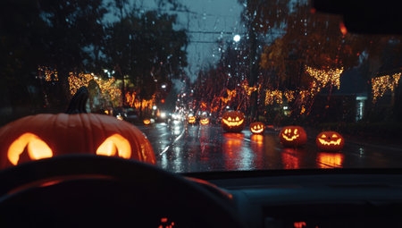 The view from the driver's seat of an SUV driving down a wet street at night, with Halloween pumpkins and glowing lights in the background. --ar 53:30 --v 6.1 Job ID: 3299f76c-c103-4c1b-b312-9331d1b7c2c8の素材