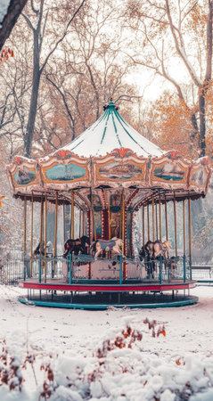 Vintage carousel in an old park, surrounded by snow and trees, with soft pastel tones and a vintage feel. --ar 8:15 --v 6.1 Job ID: 919ba5cf-7c15-411f-83fc-fa5a28c2b694の素材