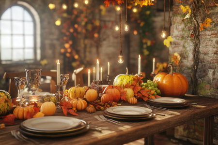A beautifully decorated table is set for an autumn feast, featuring pumpkins, corn-colored leaves, and various fruits. in the style of Unreal Engine. --ar 3:2 --v 6.1 Job ID: 95b7ff51-4b39-4ff3-8ae2-c90bf9b1ed5dの素材