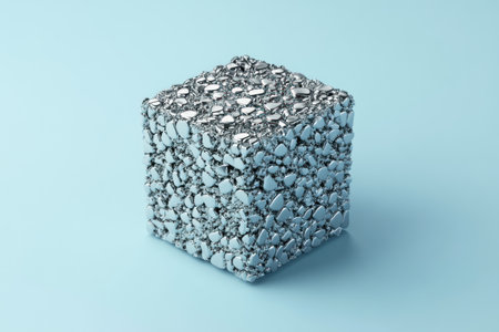 3D isometric cube made of silver and grey metal, on a light blue background, in the style of Cinema 4D rendering, simple design, high resolution, detailed texture, clean sharp focus, complex geometry, geometric shapes, perfect composition, no shadows, soft lighting, minimalistic. --ar 3:2 --v 6.1 Job ID: 4d608999-3d78-477f-aa44-81035182a97bの素材