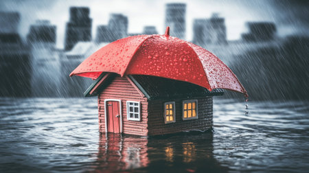 A red umbrella is covering the miniature house, which stands on water in heavy rain with a city background. The concept of home protection and insurance during natural disasters. --chaos 30 --ar 16:9 --v 6.1 Job ID: 74063759-67c3-4b14-8605-f527dd0f9917の素材
