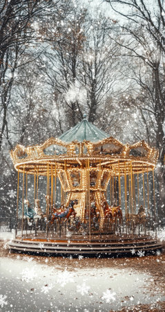 Vintage carousel in an old park, surrounded by snowflakes, muted tones, nostalgic mood, in the style of digital art. --ar 8:15 --v 6.1 Job ID: c67eb79d-2399-4a6d-a3e8-1c8a53088783の素材