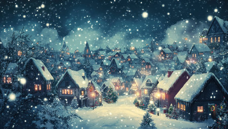 Illustration of a magical Christmas village in the snow, with houses adorned with lights and trees, and stars falling from the sky. The winter background is highly detailed and realistic, featuring a panoramic view in white, red, blue, green, and grey colors. --ar 53:30 --v 6.1 Job ID: 0f7a1ac1-d352-4cca-b65a-a9c3eec9299dの素材