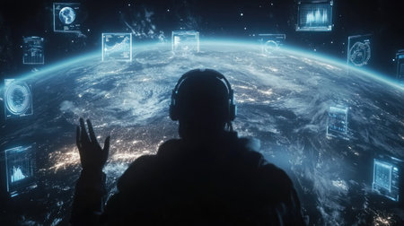 A person wearing virtual reality (VR) glasses is standing in front of the Earth, surrounded by floating icons representing cloud technology and big data elements. They appear to be interacting with virtual objects through hand gestures or gesture control. The background features blue hues, indicating an artificial environment. There is also some motion blur around the person, adding dynamism to the scene. --chaos 30 --ar 16:9 --v 6.1 Job ID: 3c85a98a-04a9-405e-9a10-a260f4a0e21dの素材