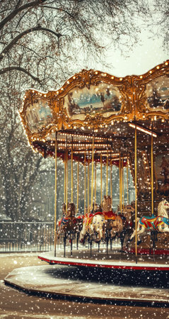 Vintage carousel in an old park, surrounded by snowflakes, muted tones, nostalgic mood, in the style of digital art. --ar 8:15 --v 6.1 Job ID: c67eb79d-2399-4a6d-a3e8-1c8a53088783の素材