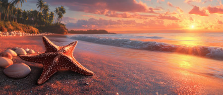 A beautiful starfish lies on the beach, next to it there is an ocean with waves and palm trees in the background. The sun sets over the horizon, casting warm hues across the sky. Shells line up along the sand leading towards the water's edge. This scene captures nature at its most serene and picturesque, in a photorealistic style. --ar 7:3 --v 6.1 Job ID: b4259f87-ea66-4e01-b114-eeb90b1ea577の素材
