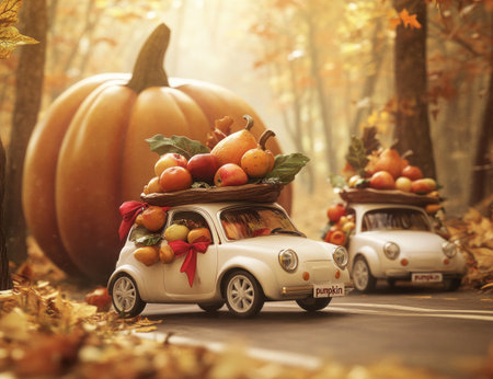 A small white car with a red ribbon tied to the roof, carrying two large brown and orange turkeys featuring fresh apples and vegetables, is driving down an autumn road surrounded by trees. The scene has a warm color palette with soft lighting creating a cozy atmosphere. In front of it sits another mini white car also decorated for the holiday season. A huge golden-brown "pumpkin" in the background, in the style of a cute 3D cartoon. --ar 13:10 --v 6.1 Job ID: 35363b56-a5b8-447a-8bc8-5ce46eca032bの素材