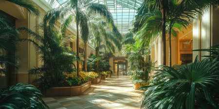 A photograph of the interior of an indoor mall, featuring palm trees and plants. The image is in the style of architectural photography, with natural lighting and a full-body shot. --ar 2:1 --v 6.1 Job ID: 92cb0064-de0c-4445-b3a5-286b95dfa308の素材