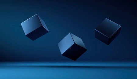Blue cubes floating on a blue background, 3D rendering illustration. Abstract geometric shapes. Design element for a banner, poster, or packaging. Minimalist style. Blue cubes floating on a blue background, 2D vector design. Abstract geometric shape. Vector, simple, minimal, abstract geometric box isolated on a dark blue background. Blue cubes floating on a blue background, 40K high resolution, sharp focus, depth of field, sharp details, high detail, high quality. --ar 26:15 --v 6.1 Job ID: 853701d7-b03c-45b0-88c6-e9b5f5fa5de6の素材