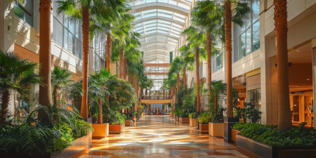A photograph of the interior view inside an upscale shopping mall, featuring a long corridor with tall palm trees and lush greenery on both sides. The ceiling is high to capture natural light from large windows, creating a bright atmosphere that highlights the rich colors of tropical plants. This scene captures the essence of luxury retail space, emphasizing comfort and elegance within a busy urban environment. --ar 2:1 --v 6.1 Job ID: fc8e010f-8b2d-4e39-a3af-7c62604c48c8の素材