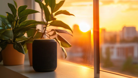 Close-up of a black smart speaker and a green plant on a window sill, with a sunrise in the background. --ar 53:30 --v 6.1 Job ID: 9f7d940c-e3bc-4e2e-b5ef-9afe28f999c8の素材