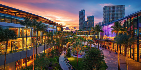 A large shopping mall with an indoor garden and palm trees, offering unique retail experiences in the heart of Miami's urban area. The focus is on fashion. --ar 2:1 --v 6.1 Job ID: 46867bd0-d9a7-4f6f-8c06-e29a6f7ecd06の素材
