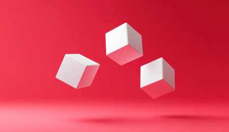 Red background, simple geometric shapes of cubes floating in the air, flat design, minimalist style, high resolution, high quality, high detail, Octane render, red gradient background, soft light and shadow, three-dimensional sense, sense of space, abstract art, creative composition. --ar 26:15 --v 6.1 Job ID: 0ba02a61-10e7-485c-9e2a-4cb0f0955434の素材