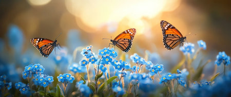 A field of forget-me-nots with butterflies fluttering around, bathed in the soft glow of morning light. The blue flowers create an enchanting backdrop for nature enthusiasts and wildlife lovers looking to capture the beauty of springtime. Captured with a Nikon D850 DSLR camera and a 24-70mm lens at an f/3.6 aperture setting, using natural lighting, resulting in professional-quality photography. --ar 71:30 --v 6.1 Job ID: 78f01f3d-35d6-43a0-96c2-69ab10a47feeの素材