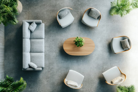 Stylish office interior with a grey sofa, armchairs, and a coffee table on a concrete floor in a modern living room. Aerial view of minimalist home decor. Minimalist design. Realistic 3D rendering illustration. Stock photo with 2/3 space for text. --ar 3:2 --v 6.1 Job ID: 537683ee-edd5-44df-a065-f9f06be8d4eaの素材