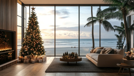 A cozy living room with Christmas decorations, large windows overlooking the ocean and beach in the background, creating an atmosphere of relaxation and warmth during the holiday season. --ar 53:30 --v 6.1 Job ID: 05fa551d-f8af-4f57-aa6d-b245fa54d220の素材