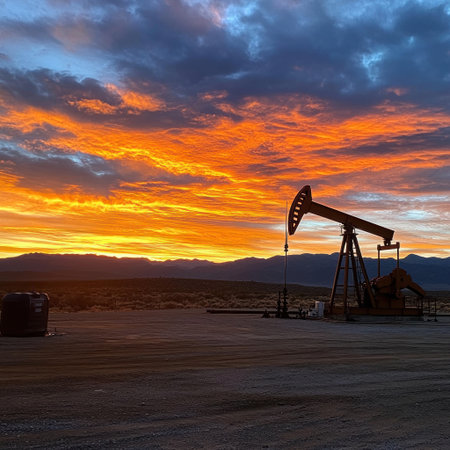 A photograph of an oil pump in the desert at sunset, with a dark orange and blue sky, and mountains in the background. The scene is illuminated by the warm light from the setting sun. There is an open area on the left side for text or graphics. An oil well is visible on the right side. The sky is dramatic, with clouds. This is a wide-angle shot. The image is high resolution.16:7 --v 6.1 Job ID: 20043392-02f8-4e6c-b762-1f07d7223aa7の素材