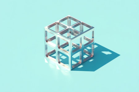 3D isometric rendering of an abstract cube made from metal and glass blocks, on a light blue background, high resolution, high quality, high detail. --ar 3:2 --v 6.1 Job ID: 6aabbdf8-71a3-44b0-aab1-44b3136a8a29の素材