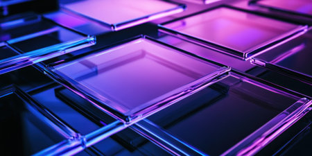 A close-up of multiple transparent rectangular plates made from blue acrylic material, arranged in an orderly manner on a black background. The plates have various shapes and sizes with neon purple lighting effects, creating a futuristic-style illustration. --ar 2:1 --v 6.1 Job ID: 9bf7006e-3bd6-4fdd-96d5-aec7faea8417の素材