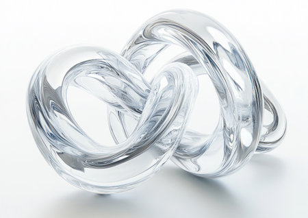 A digital rendering of an abstract, glass-like knot with multiple strands intertwined in the shape of two interlocking rings, set against a white background. The reflections and refractions on its surface create a shimmering effect that highlights each thread's texture and depth. This is a high-quality illustration that showcases intricate details and a sense of motion as if it were being woven by hand into one solid form. --ar 7:5 --v 6.1 Job ID: 7c028e10-22f8-492d-b213-95621aa9331fの素材