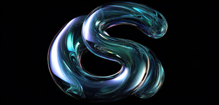 A black background with iridescent, holographic liquid flowing in the shape of an S. The color gradient is dark blue and green. The image is a close-up, minimalistic view of fluid, organic forms with a hyper-realistic appearance, created using ray tracing techniques. The fluid lines, curves, and waves create a sense of movement and fluidity throughout the composition. --ar 21:10 --v 6.1 Job ID: 72304d44-b13c-43d5-8217-c2c07be9d644の素材