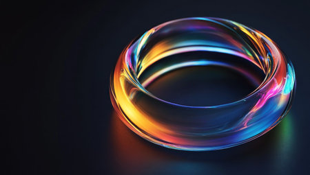 A curved, iridescent glass ring with reflections of rainbow colors on a black background. The focus is sharp, and the lighting highlights the curves in a minimalist style. High resolution. --ar 53:30 --v 6.1 Job ID: 7041326a-1836-468e-807a-d458bbd1e69bの素材