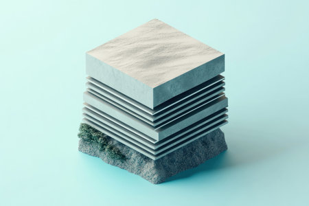 3D isometric rendering of a metal cube with multiple layers, against a light blue background, created using Blender, with silver and grey colors. --ar 3:2 --v 6.1 Job ID: bdcb0e15-03fb-46a8-8e2d-3febfc59e41aの素材