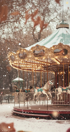 Vintage carousel in an old park, surrounded by snowflakes, soft pastel tones, and a dreamy atmosphere. --ar 8:15 --v 6.1 Job ID: 3299108b-264f-4a2e-af91-dd5aead9d37cの素材