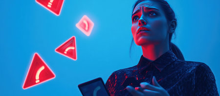 A woman holding an electronic device with multiple red exclamation marks floating around her, representing the concept of digital cybersecurity and system security warnings. Blue background. The focus is on showing how technology can create serious security risks, with two holographic triangle icons to represent high-quality, professional photographs and top-quality images. --ar 16:7 --v 6.1 Job ID: 6c0ca1b8-830b-4481-8790-71329be0f22eの素材