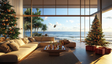 A cozy living room with Christmas decorations, large windows overlooking the ocean and beach in the background, creating an atmosphere of relaxation and warmth during the holiday season. --ar 53:30 --v 6.1 Job ID: 05fa551d-f8af-4f57-aa6d-b245fa54d220の素材