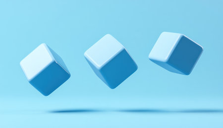 Blue cubes floating on a blue background, 3D rendering illustration, simple and clean style, simple design, flat vector graphics, simple shapes, simple background, simple. --ar 26:15 --v 6.1 Job ID: 2e12a80f-6cd4-4ecc-8c2b-b88de5a785f8の素材