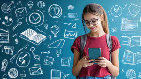 A young woman holds an AI-powered mobile app, surrounded by icons representing various online learning tools and digital education trends in the modern world. The background features a soft blue gradient with white elements symbolizing technological innovation for students' growth. --chaos 30 --ar 16:9 --v 6.1 Job ID: 18063d64-0fae-44a7-a55f-1f34fe4075d7の素材
