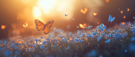 A field of forget-me-nots with butterflies fluttering around, bathed in the soft glow of morning light. The blue flowers create an enchanting backdrop for nature enthusiasts and wildlife lovers looking to capture the beauty of springtime. Captured with a Nikon D850 DSLR camera and a 24-70mm lens at an f/3.6 aperture setting, using natural lighting, resulting in professional-quality photography. --ar 71:30 --v 6.1 Job ID: 78f01f3d-35d6-43a0-96c2-69ab10a47feeの素材