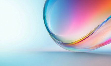 A close-up of the edge of an air bubble, with rainbow colors blending into white space. The background is a soft blue gradient that transitions from light to dark at each side of the image. In front of it stands a large sphere made out of glass, with a smooth surface and rounded edges. This figure has no color or texture on its exterior but shows a faint reflection in its interior, indicating it may be filled with water. --ar 5:3 --v 6.1 Job ID: ea029e0c-5979-4137-aa5f-e70a61ead880の素材