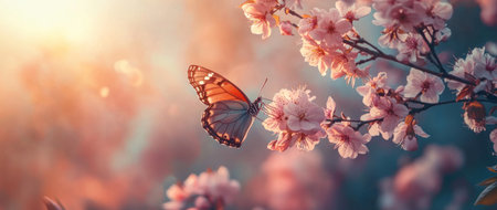 Beautiful butterfly on a blooming cherry blossom branch with a blurred background. Spring nature scene with copy space. Pink flowers in sunlight. Banner, panorama, panoramic. --ar 71:30 --v 6.1 Job ID: 3a9001ea-fdcc-4ca2-bdec-057a30c05d0fの素材