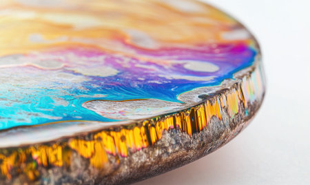 A close-up of the edge of an iridescent soap bubble, with rainbow colors and blurred edges against a stark white background. The focus is on the delicate balance between light refraction in glass-like materials, creating stunning color reflections. --ar 5:3 --v 6.1 Job ID: 484957aa-98f6-4435-a219-55867a859b92の素材