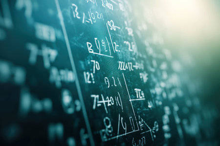 A background of complex mathematical equations and formulas on a digital screen, with a green color theme. The background is blurred to create depth, while the foreground focus is sharp, highlighting elements like numbers or graphs. Cinema 4D render, high-resolution photography, volumetric light, dark blue, teal, and black tones, cinematic, bokeh effect, depth blur. --ar 3:2 --v 6.1 Job ID: 8c6635a6-b7a2-4a05-93d2-0b933135522dの素材
