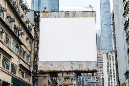 A blank white billboard on the side of an old building in Hong Kong, with buildings surrounding it. The billboard is a mockup and has no text or images on its surface. It's set against the backdrop of skyscrapers and bustling city life, creating a unique urban atmosphere. This scene captures a street-level view of one commercial advertising space in the downtown skyline, showcasing a blend of modern architecture and historical charm. --ar 3:2 --v 6.1 Job ID: d23cd948-d336-47f2-91f6-381ffcf47726の素材
