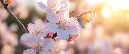 A butterfly perched on the delicate pink blossoms of an apricot tree, with soft sunlight filtering through the petals. --ar 71:30 --v 6.1 Job ID: 7378e66e-2470-41c8-9291-7a4b40945c4aの素材