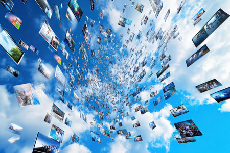 Abstract digital media background with numerous images of video and photo screens floating in the air, representing online communication or social network concepts. --ar 3:2 --v 6.1 Job ID: 6f9113e2-8993-4109-98d0-5b550e249acaの素材