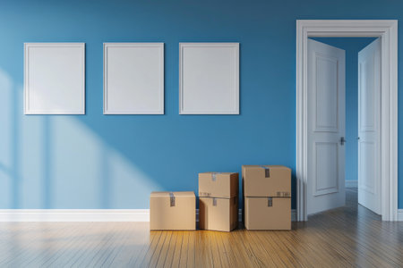 A blue wall with several cardboard boxes and white frames hanging on it, with the floor below in light wood. The style of product photography is characterized by bright colors and high contrast, with a simple background that highlights details. There were three open doors next to each other on one side of the wall, each containing two or more boxes. --ar 3:2 --v 6.1 Job ID: 699ebe85-5e3c-4b91-8034-0b7c303a5928の素材