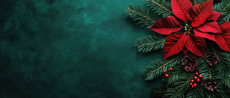 A green background with poinsettia and pine branches on the right side, creating an elegant Christmas banner or greeting card design. The red color of the poinsettia flower adds contrast to the dark green backdrop, making it perfect for festive designs. It's ideal as a template for holiday messages or marketing materials. --ar 7:3 --v 6.1 Job ID: 4d263b36-71aa-4973-9a37-75d647754ac6の素材