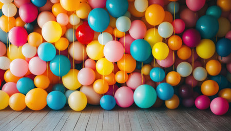 A colorful balloon wall with wooden floors, birthday balloons, and lights for a backdrop photography setup. --ar 53:30 --v 6.1 Job ID: 0aa93292-8cbc-412e-b907-8db8ccae94d9の素材