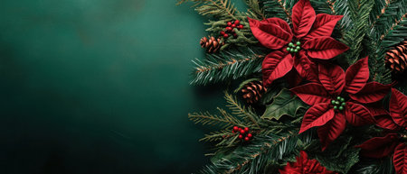 A green background with poinsettia and evergreen leaves on the right side, creating an elegant Christmas-themed border or header design. The dark red color of the silk tree adds contrast to the festive atmosphere. This top-down view captures a high-quality photograph that highlights the beauty in detail. --ar 7:3 --v 6.1 Job ID: 1ddcab7f-8659-4e50-bb8e-c0e54db65967の素材