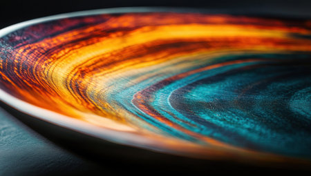 A close-up of the edge of an abstract, curved object with vibrant colors and gradients, set against a dark background. The focus is on capturing the smooth lines and reflections in high resolution, creating a sense of depth and dimensionality. This composition emphasizes the beauty of form through color play and light effects. --ar 53:30 --v 6.1 Job ID: ca8d8658-cf5c-4cd5-8745-709d3dbe75eaの素材