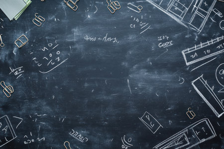 A blackboard background with white chalk drawings of documents, equations, and office supplies scattered around the edges. The top left corner is filled with paper clip illustrations. --ar 3:2 --v 6.1 Job ID: 0371ca9c-2ca9-44dd-9b6f-26b4fc56676cの素材